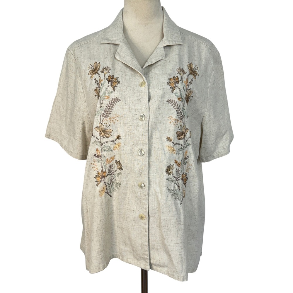 BonWorth Embroidered Linen Blend Button Down Blouse Short Sleeve Petite Medium